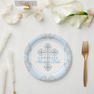 Elegant Silver Cross Blue Damask Baby Boy Baptism Paper Plate