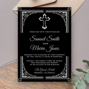 Elegant Silver Cross Christian Wedding Invitation