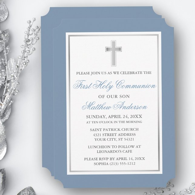 Elegant Silver Cross Dusty Blue First Communion Invitation (Customize to change text size, style, color or to add more text or photos to back of card.)