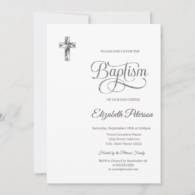  Elegant Silver Cross Minimalist Baptism Invitation (Front)