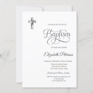  Elegant Silver Cross Minimalist Baptism Invitation