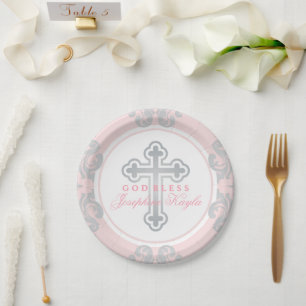 Elegant Silver Cross Pink Damask Baby Girl Baptism Paper Plate