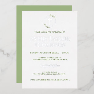 Elegant Silver Cross Watercolor laurel Baptism Foil Holiday Card