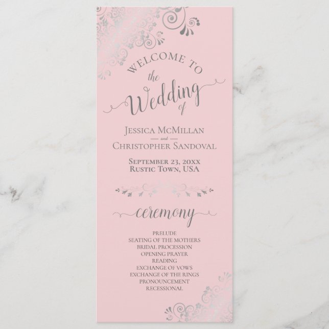 Elegant Silver Curls Blush Pink & Grey Wedding Programme (Front)