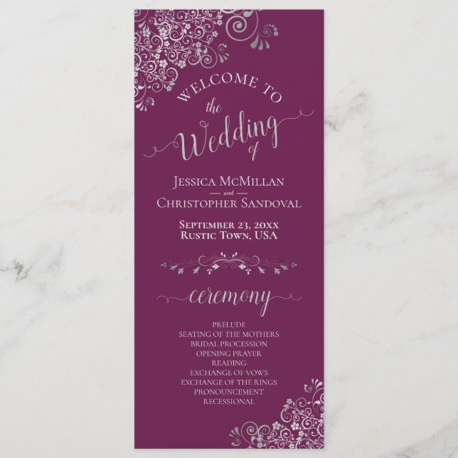 Elegant Silver Curls Cassis Purple Magenta Wedding Programme (Front)