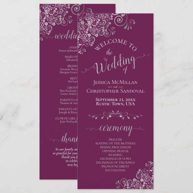 Elegant Silver Curls Cassis Purple Magenta Wedding Programme (Front/Back)