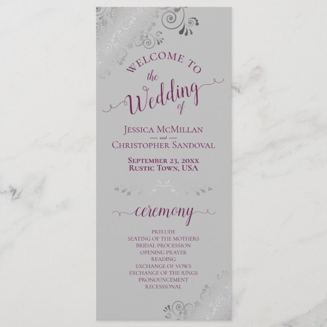 Elegant Silver Curls Cassis Purple on Grey Wedding Programme (Front)