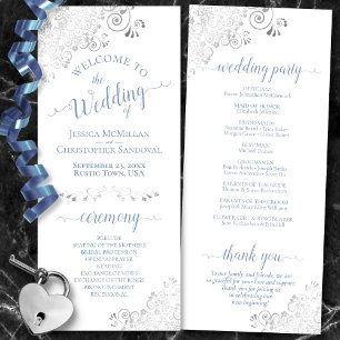 Elegant Silver Curls Dusty Blue on White Wedding Programme