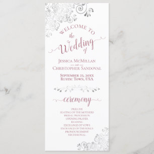 Elegant Silver Curls Dusty Rose on White Wedding Programme