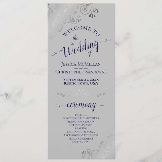 Elegant Silver Curls Navy Blue on Grey Wedding Programme (Front)