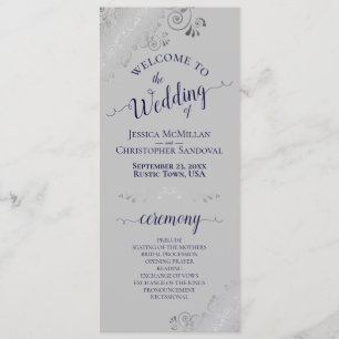 Elegant Silver Curls Navy Blue on Grey Wedding Programme
