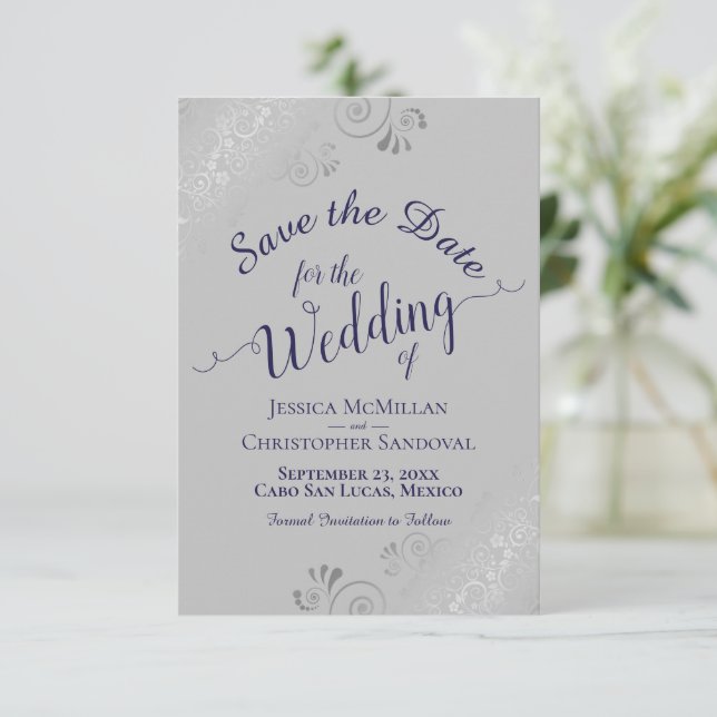Elegant Silver Curls Navy Blue on Grey Wedding Save The Date (Standing Front)