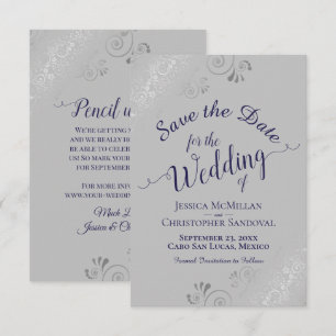 Elegant Silver Curls Navy Blue on Grey Wedding Save The Date