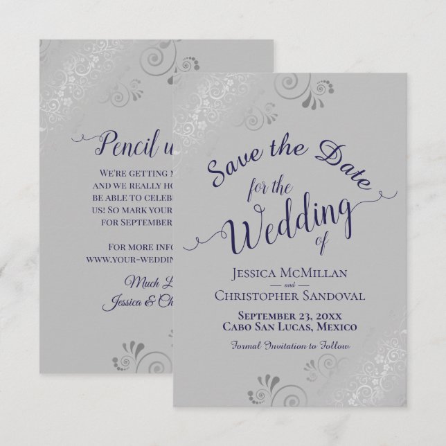 Elegant Silver Curls Navy Blue on Grey Wedding Save The Date (Front/Back)