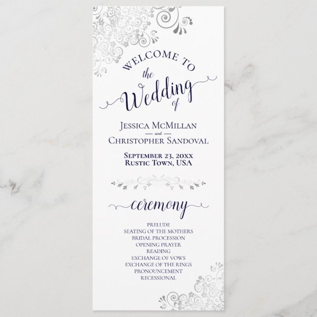 Elegant Silver Curls Navy Blue on White Wedding Programme (Front)