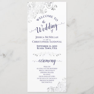 Elegant Silver Curls Navy Blue on White Wedding Programme