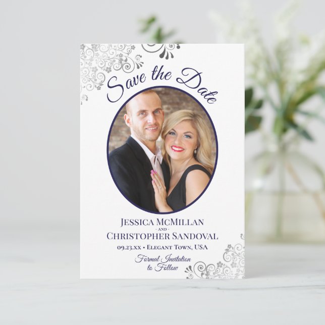 Elegant Silver Curls Navy Blue Photo White Wedding Save The Date (Standing Front)