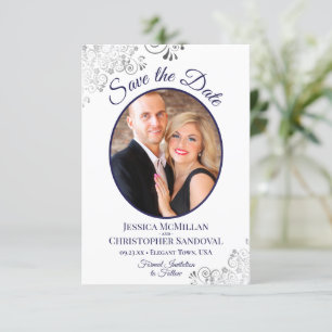 Elegant Silver Curls Navy Blue Photo White Wedding Save The Date