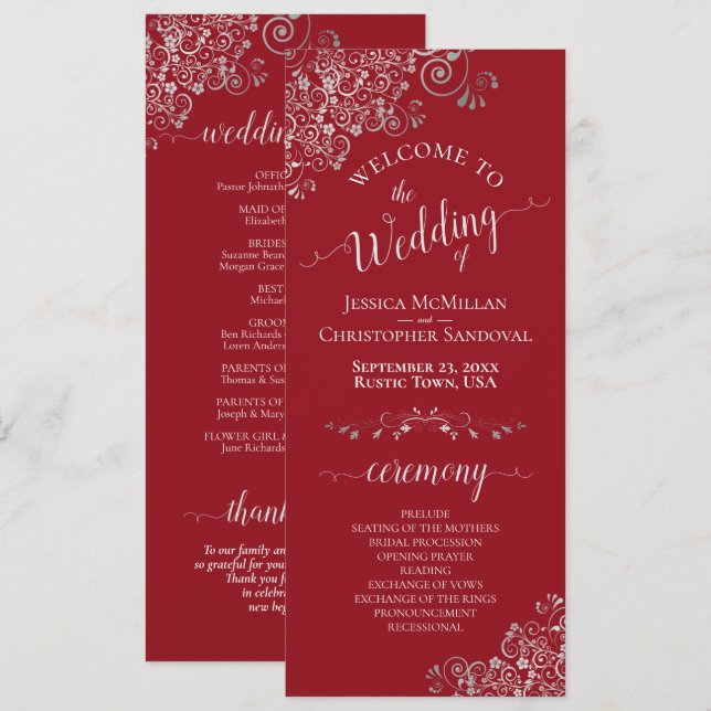 Elegant Silver Curls on Crimson Red Simple Wedding Programme (Front/Back)