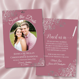 Elegant Silver Curls on Dusty Rose Photo Wedding Save The Date