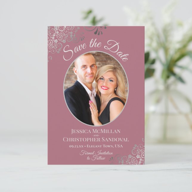 Elegant Silver Curls on Dusty Rose Photo Wedding Save The Date (Standing Front)