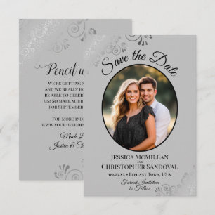 Elegant Silver Curls on Grey Oval Photo Wedding Save The Date