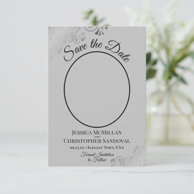 Elegant Silver Curls on Grey Oval Photo Wedding Save The Date (Standing Front)