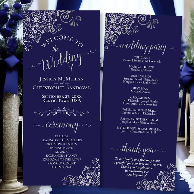 Elegant Silver Curls on Navy Blue Simple Wedding Programme (Front/Back)