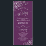 Elegant Silver Curls on Plum Purple Simple Wedding Programme<br><div class="desc">This beautiful wedding program features an elegant design with pale grey text on a plum purple background and lacy silver grey faux foil curls and swirls in the corners. The titles are written in fancy script calligraphy, and there is space for your ceremony and wedding party details, as well as...</div>