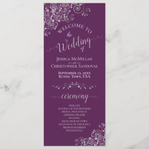 Elegant Silver Curls on Plum Purple Simple Wedding Programme