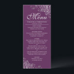 Elegant Silver Curls on Plum Purple Wedding Menu<br><div class="desc">This beautiful menu will add some style to your wedding reception. It features a beautiful design with ornate silver grey faux foil curls and swirls on a plum purple background. There is space for the names of the couple and wedding date, and the text is fully customisable. Elegant, classy, and...</div>