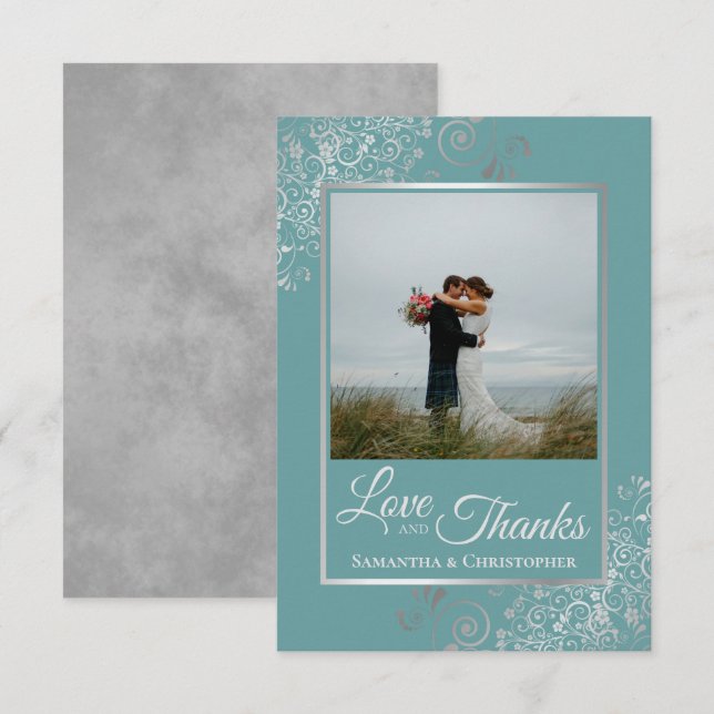 Elegant Silver Curls on Teal Love & Thanks Wedding Thank You Card (Front/Back)