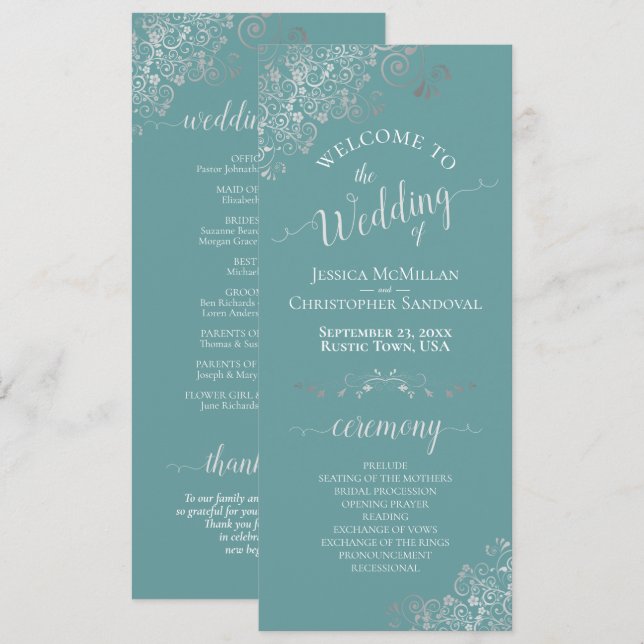 Elegant Silver Curls on Teal or Turquoise Wedding Programme (Front/Back)