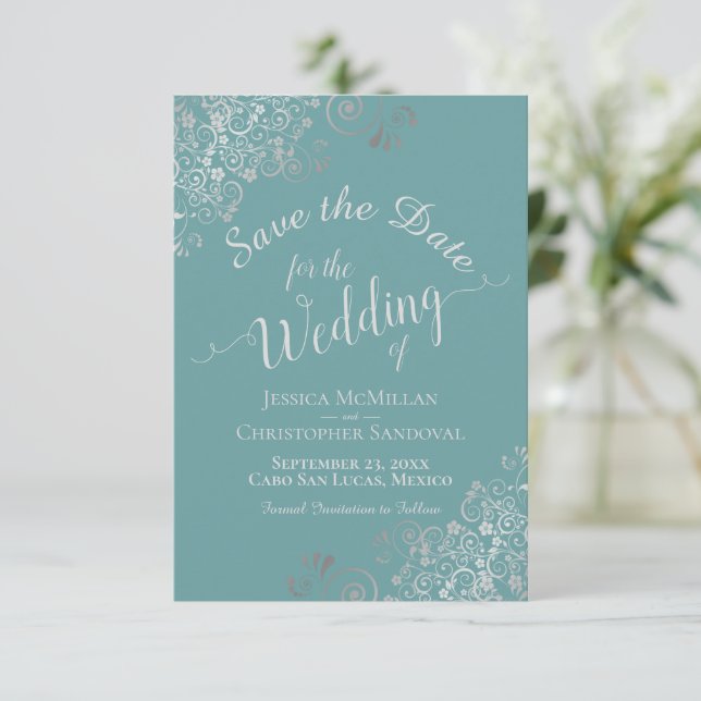 Elegant Silver Curls on Teal or Turquoise Wedding Save The Date (Standing Front)