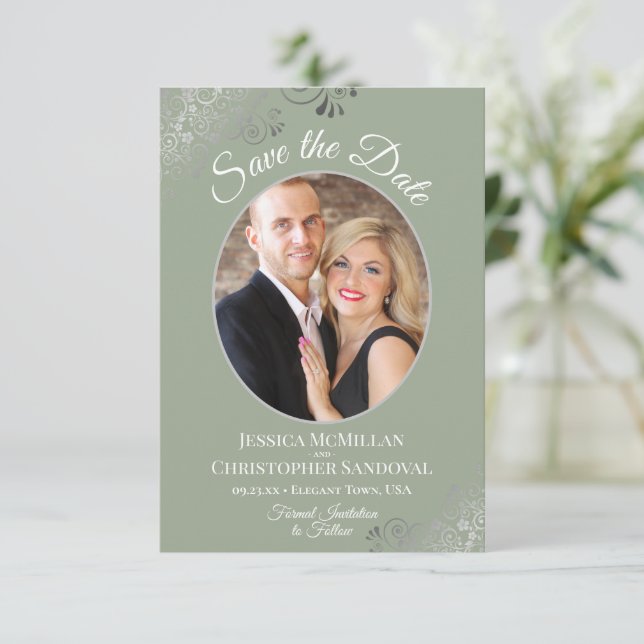 Elegant Silver Curls & Photo on Sage Green Wedding Save The Date (Standing Front)