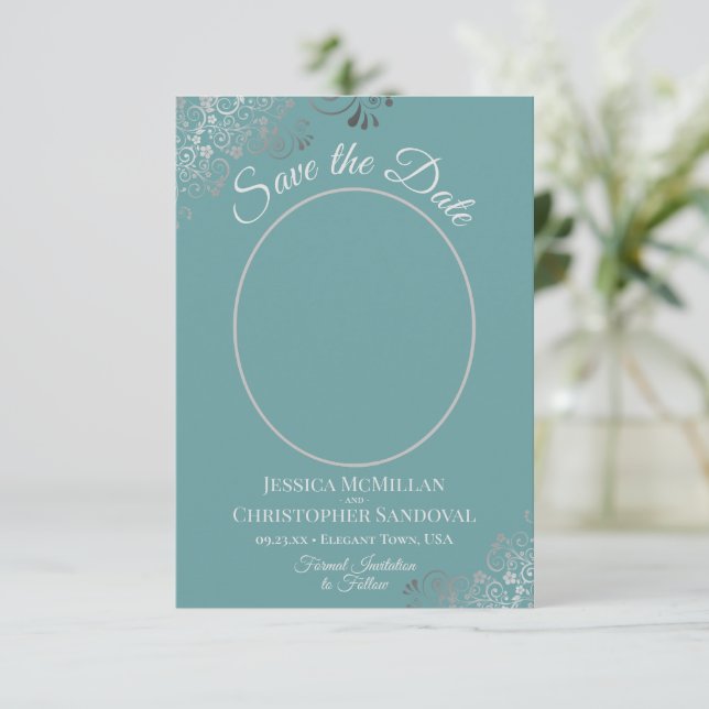 Elegant Silver Curls & Photo on Teal Wedding Save The Date (Standing Front)
