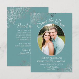 Elegant Silver Curls & Photo on Teal Wedding Save The Date