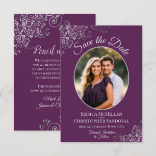 Elegant Silver Curls & Photo Plum Purple Wedding Save The Date
