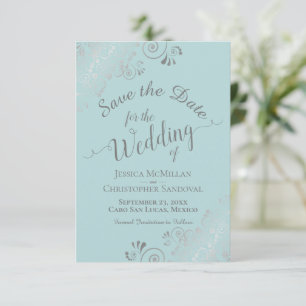 Elegant Silver Curls & Swirls Mint Teal Wedding Save The Date