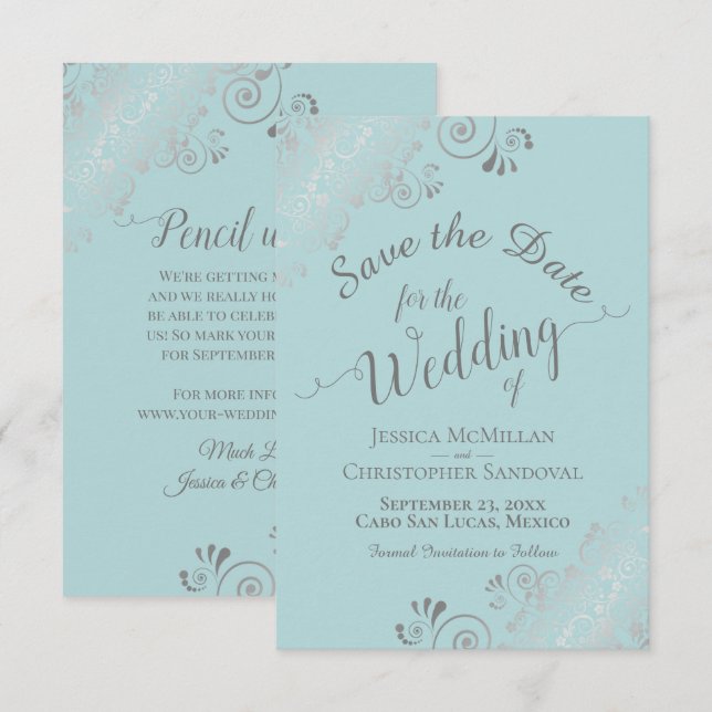 Elegant Silver Curls & Swirls Mint Teal Wedding Save The Date (Front/Back)