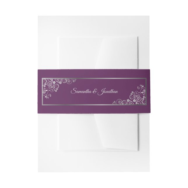 Elegant Silver Curls & Swirls Plum Purple Wedding Invitation Belly Band (Front Example)
