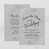 Elegant Silver Curly Swirls Black on Grey Wedding