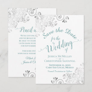 Elegant Silver Curly Swirls Teal on White Wedding Save The Date