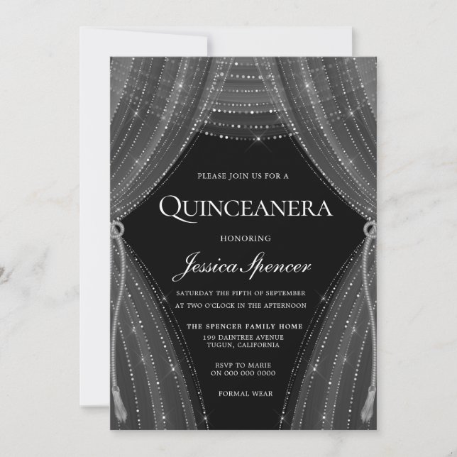 Elegant Silver Curtains Quinceanera Party Invite (Front)