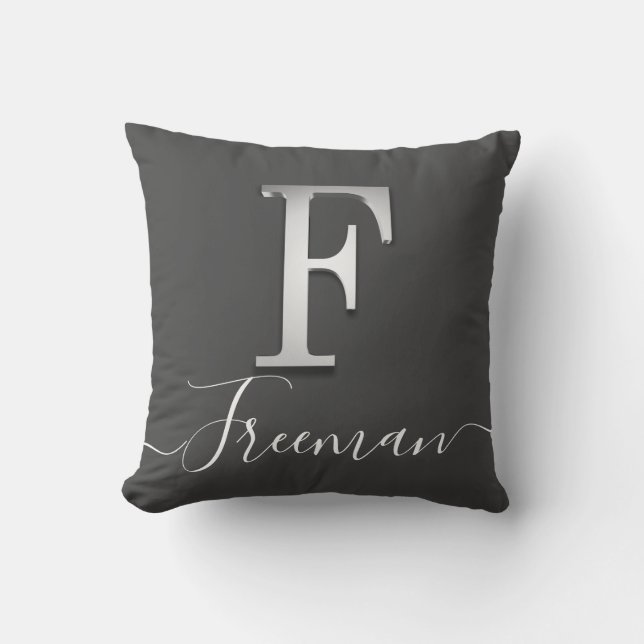 Elegant Silver Custom Monogram F Name Throw Pillow (Front)