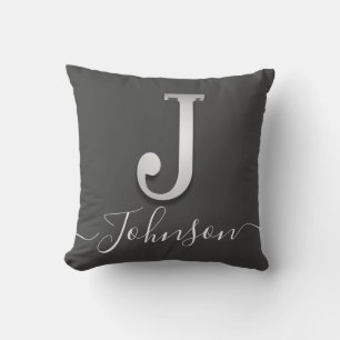 Elegant Silver Custom Monogram J Name Throw Pillow