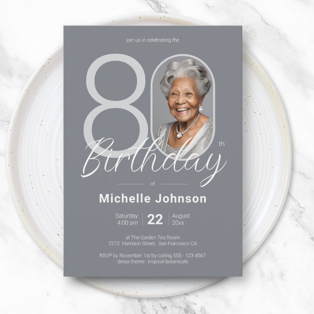 Elegant Silver Custom Photo 80th Birthday Invitation (Elegant Silver Custom Photo 80th Birthday Invitation)