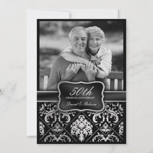 Elegant Silver Damask 50th Wedding Anniversary Invitation (Front)