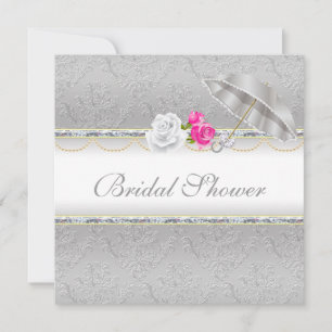 Elegant Silver Damask and Pink Rose Bridal Shower Invitation