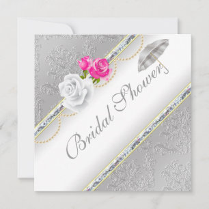 Elegant Silver Damask and Pink Rose Bridal Shower Invitation